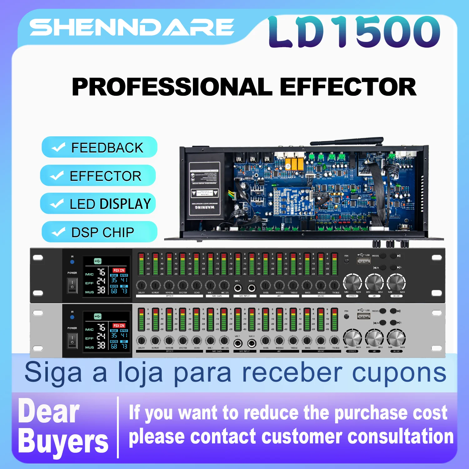 Procesador de efectos de audio profesional ShennDare LD1500 para KTV, procesador de ecualizador antiaullidos DSP con Bluetooth, efectos previos a la etapa adecuados para karaoke, fiestas y escenarios