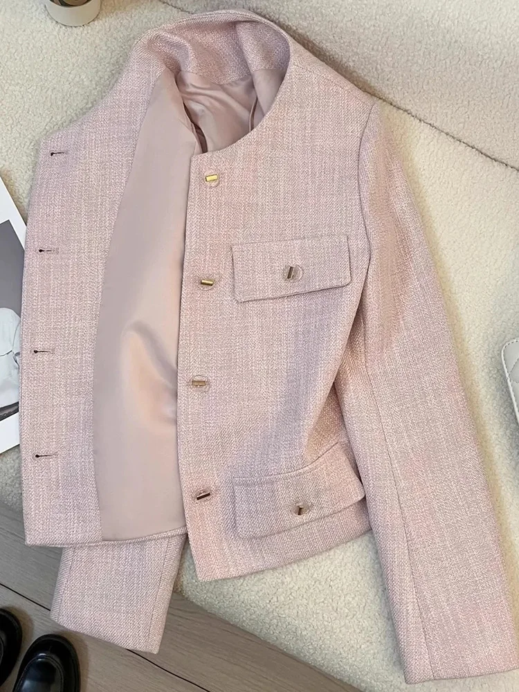 

Elegant Women Pink Blazer Coat Sweet Long Sleeve Fashion Slim Suit Jacket Korean Chic O Neck Female Fall Winter Casual Outwear