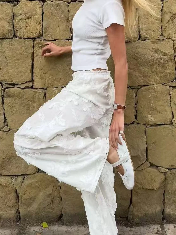 

2025 Summer New Fashion Three-dimensional Petal Embroidery Pants Women Temperament High Waist Lace Trim Wide leg Trousers Ladies