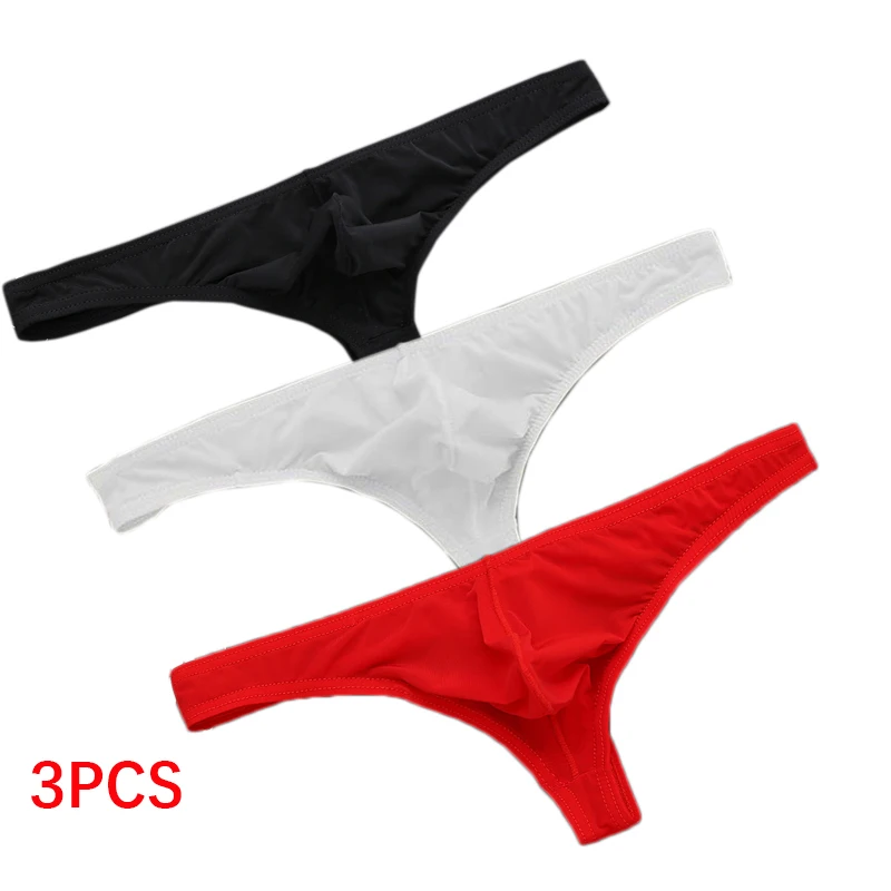 3Pcs/set Thongs Ice Silk Panties Ultra-thin T-Back Breathable Underpants Sexy Mens Low Waist G-string U Pouch Underwear Bikini