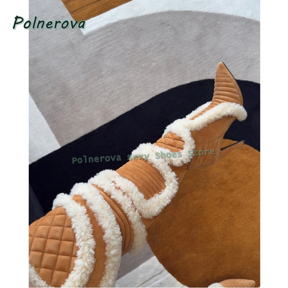 البني فو الفراء مثير حذاء برقبة للركبة 2025 الخريف الشتاء الوافدين الجدد أشار تو خنجر المرقعة حار فتاة أحذية أنيقة