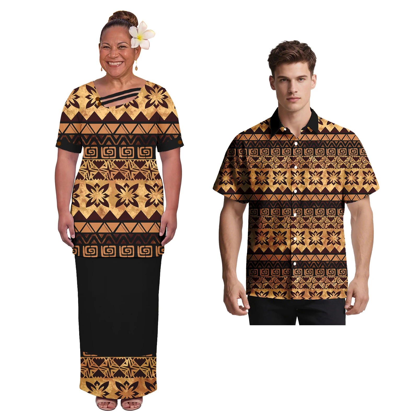 Samoa Tribe Couple Set Polynesian Women's Pletasy Dress High Quality Pattern Customized Men's Aloha Shirt