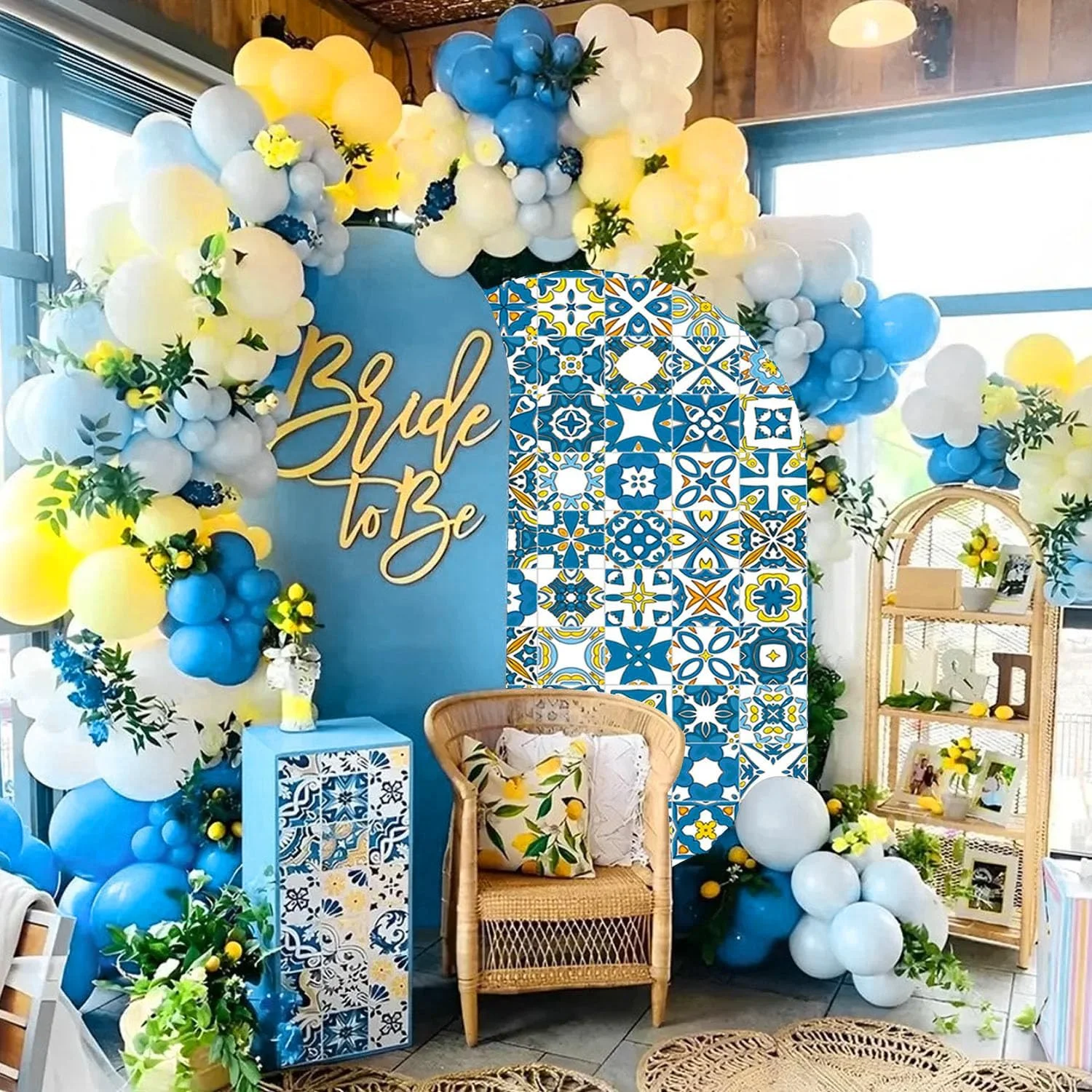 Arch Backdrop Covers Mediterranean Patchwork Tile Theme Arched Cover for Birthday Banquet Porcelain Parties Display Props