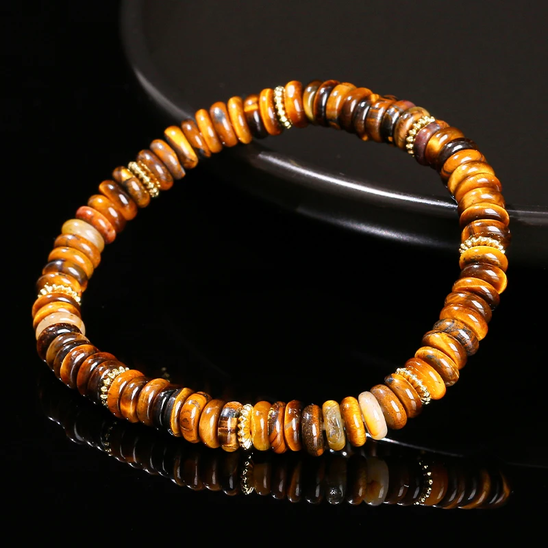 JD Natural Stone Green Aventurine Pink Quartz Flat Spacer Beads Bracelet Women Men Bohe Elastic Bangles Healing Friendship Gift