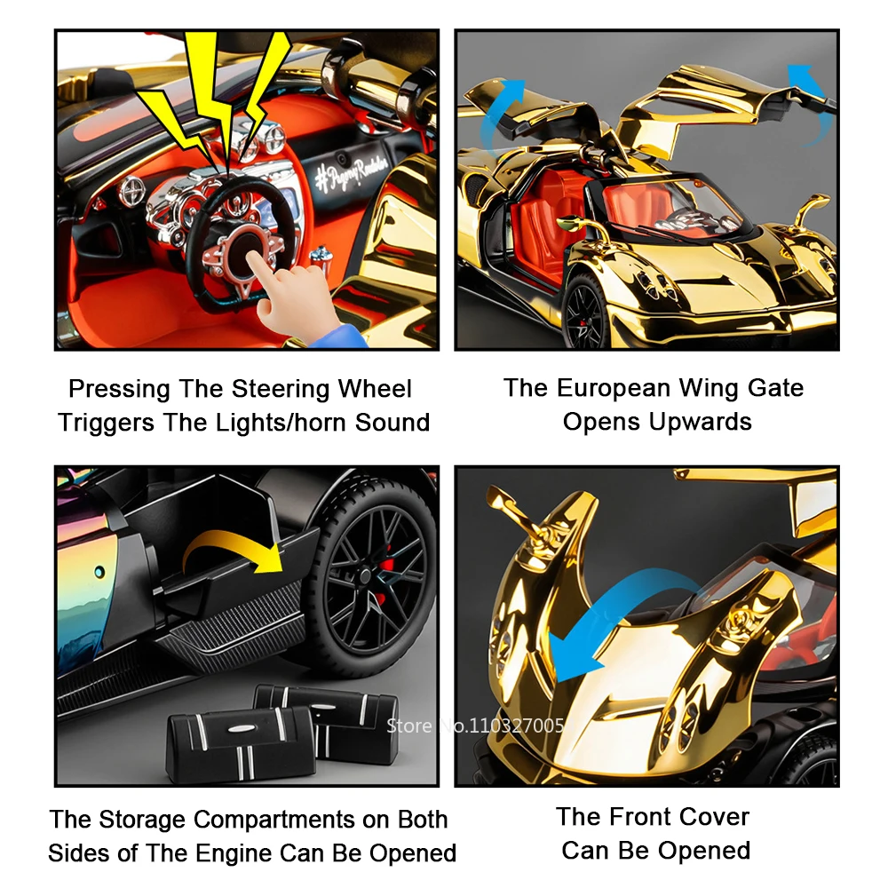 1:24 باجاني هوايرا دينستيا سبيكة دييكاست نموذج ألعاب مصغرة أبواب السيارات مفتوحة ضوء الصوت التراجع المركبات الصبي هدايا عيد الميلاد