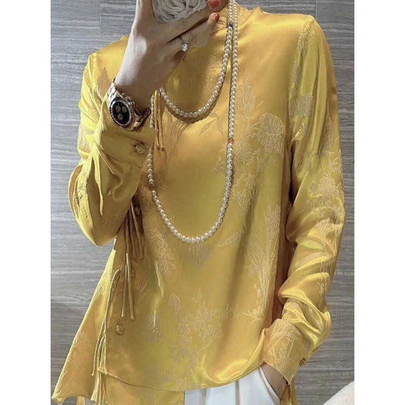 Chinese Style 2024 Autumn New Women\'s Stand Collar Button Tassel Embroidery Blouse Elegant Loose Long Sleeve Asymmetrical Shirt