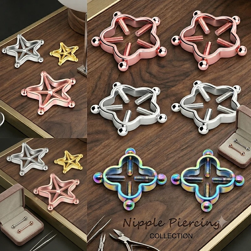 

2Pcs 316L Stainless Steel Adjustable Nipple Rings for Women, Star Shaped Flower Shaped Clip On Nipple Ring Fake Piercing Jewelry