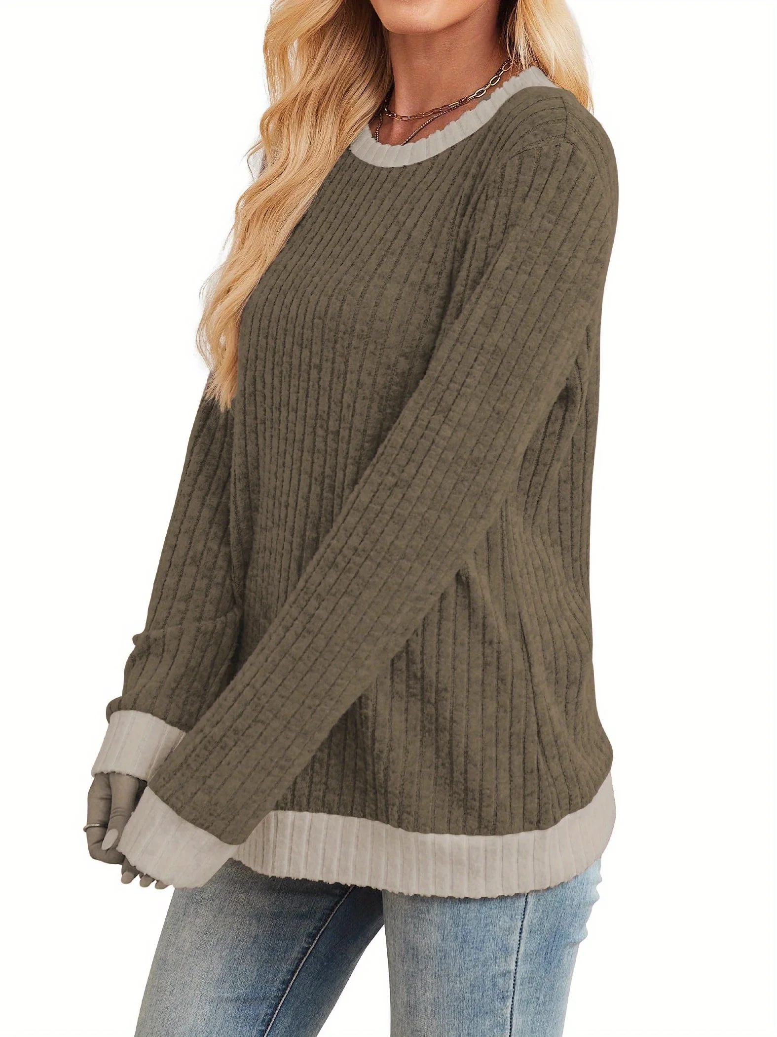 เสื้อสเวตเตอร์แขนยาวผ้าริบสำหร - Ribbed Knit Sweater บทวิจารณ์และราคา