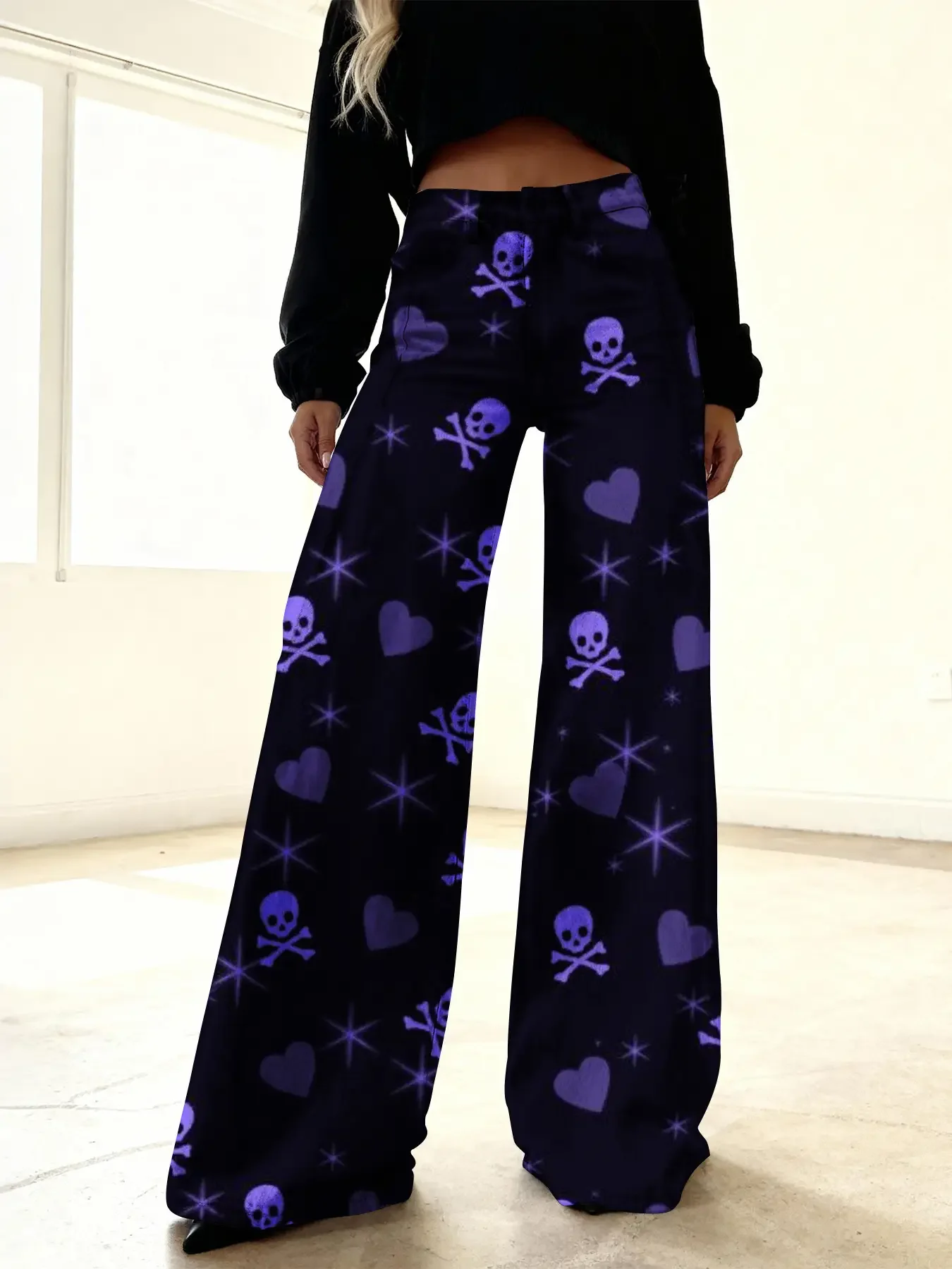 

2026 Fashionable and casual 3D printed loose high waisted flared pants imitating denim fabric,