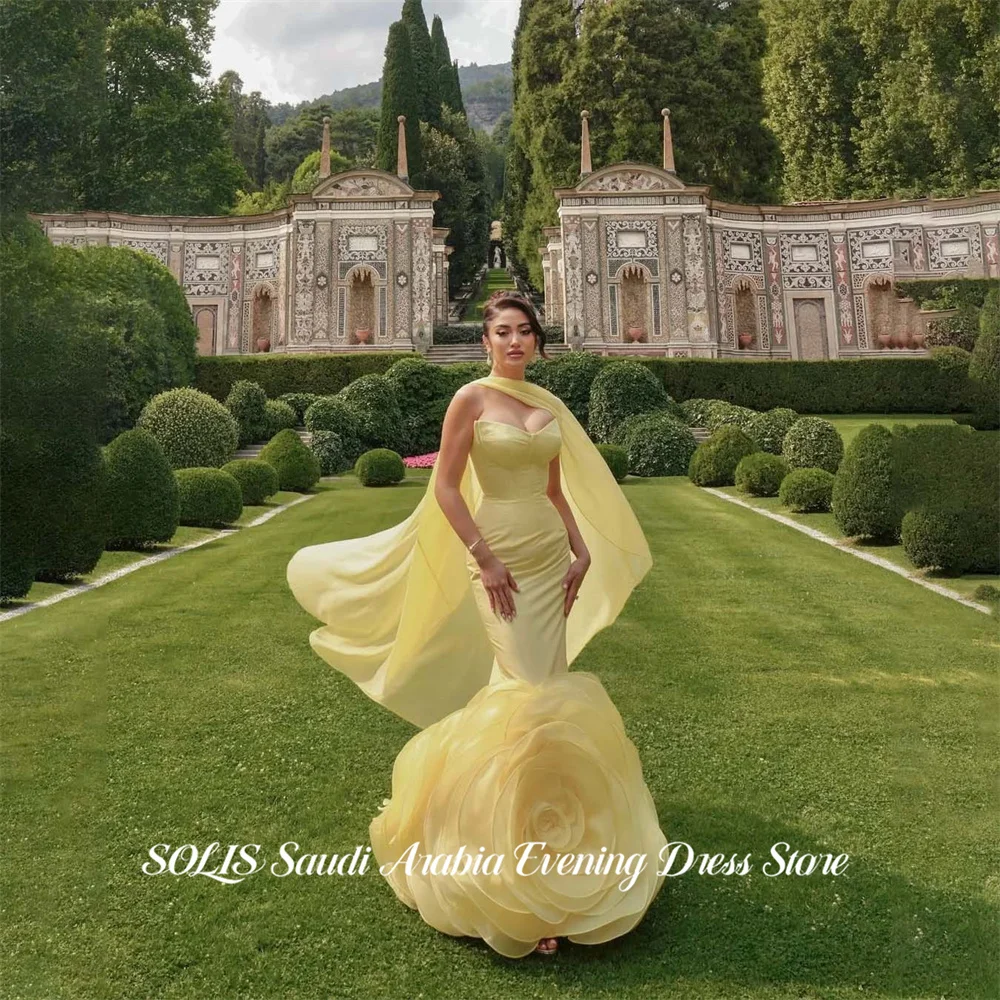 

SOLIS Yellow Prom Dresses Strapless Evening Dress Mermaid Party Dress Big Flower vestidos de fiesta with Neck Scarf Customized