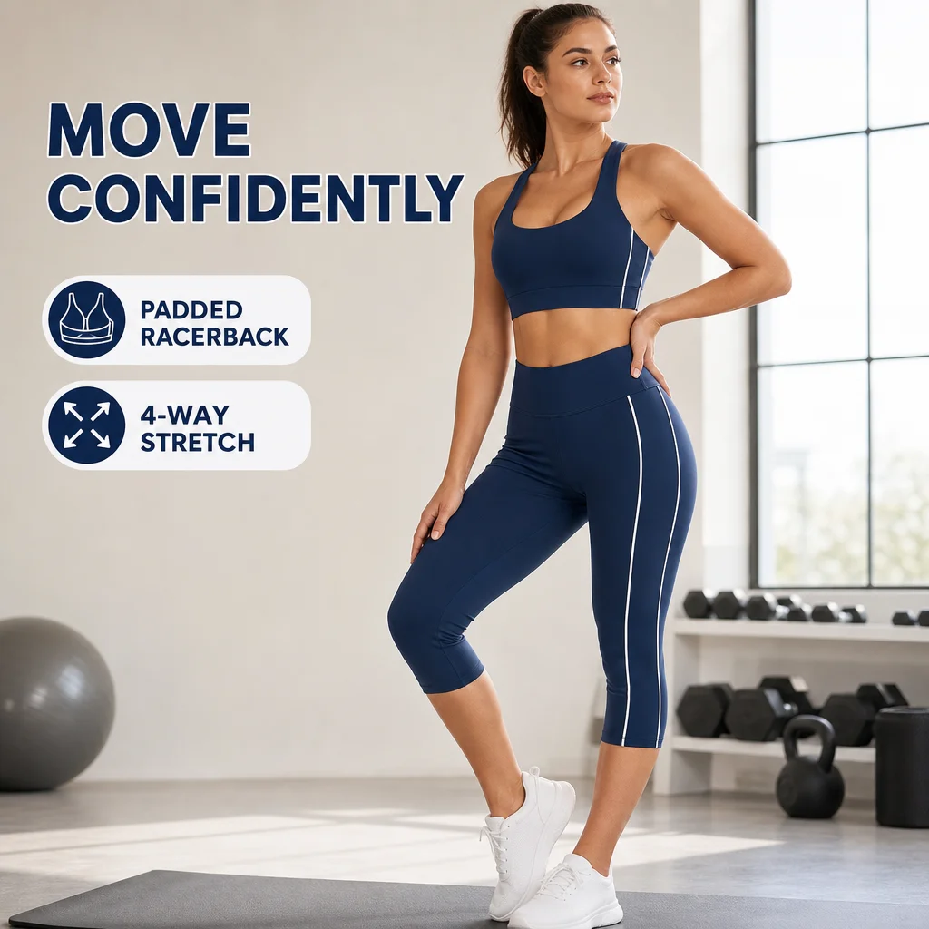 Women Two Piece Yoga Set Sports Bra and Capri Leggings High Waist Racerback Padded Tummy Control Workout Gym Athletic Outfit