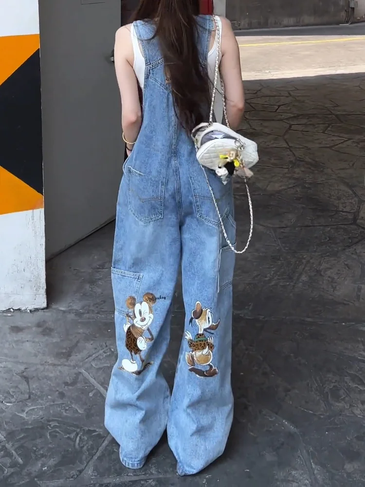 Lockere Denim-Overalls mit hoher Taille, Damen-Design, Cartoon-Druck, bodenlang, entspanntes Gefühl, Jeanshose für lässige Streetwear