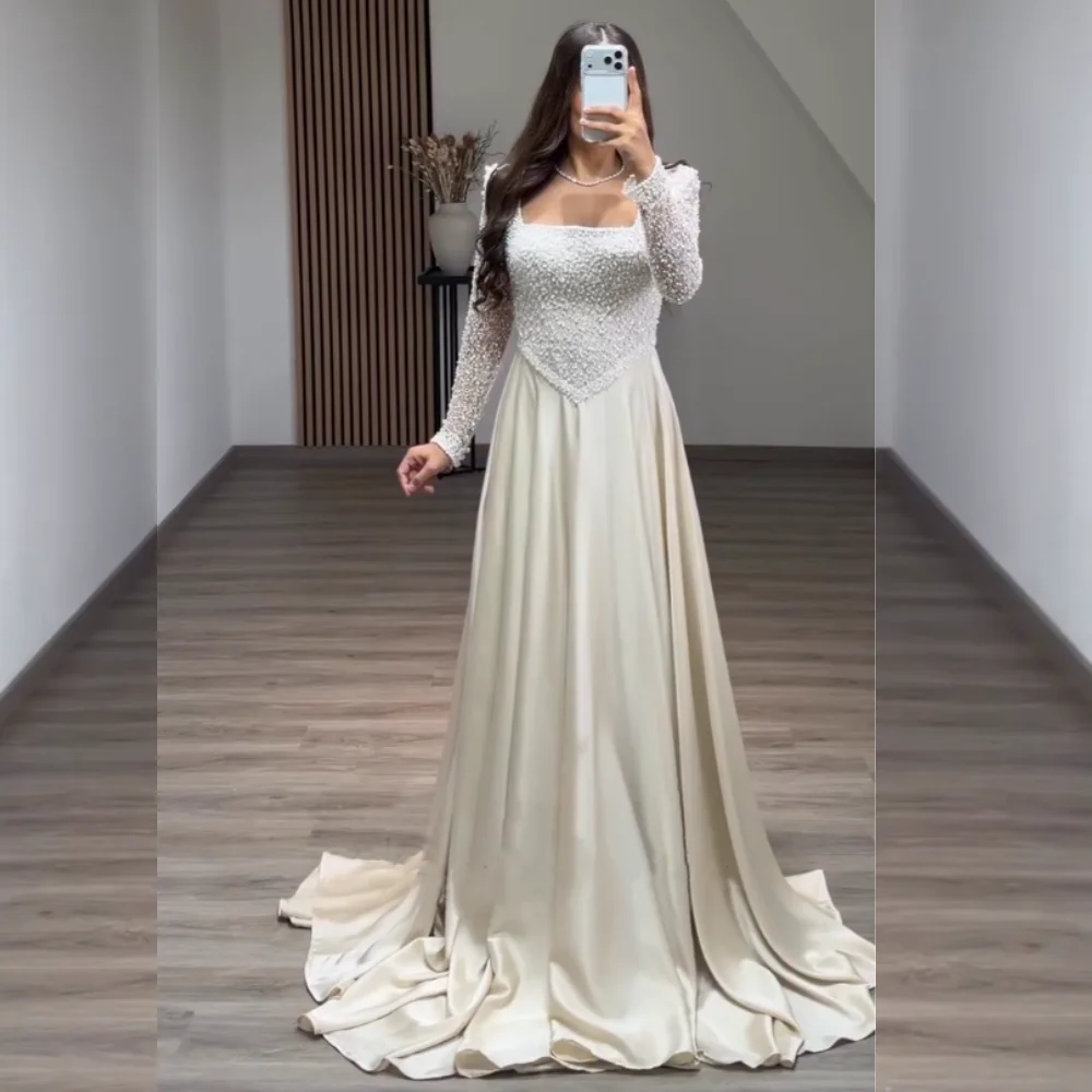 

Customized Charmeuse Beading Square NeckA-line Long Dresses Bespoke Occasion Women Luxury Evening High Quality Party Gown