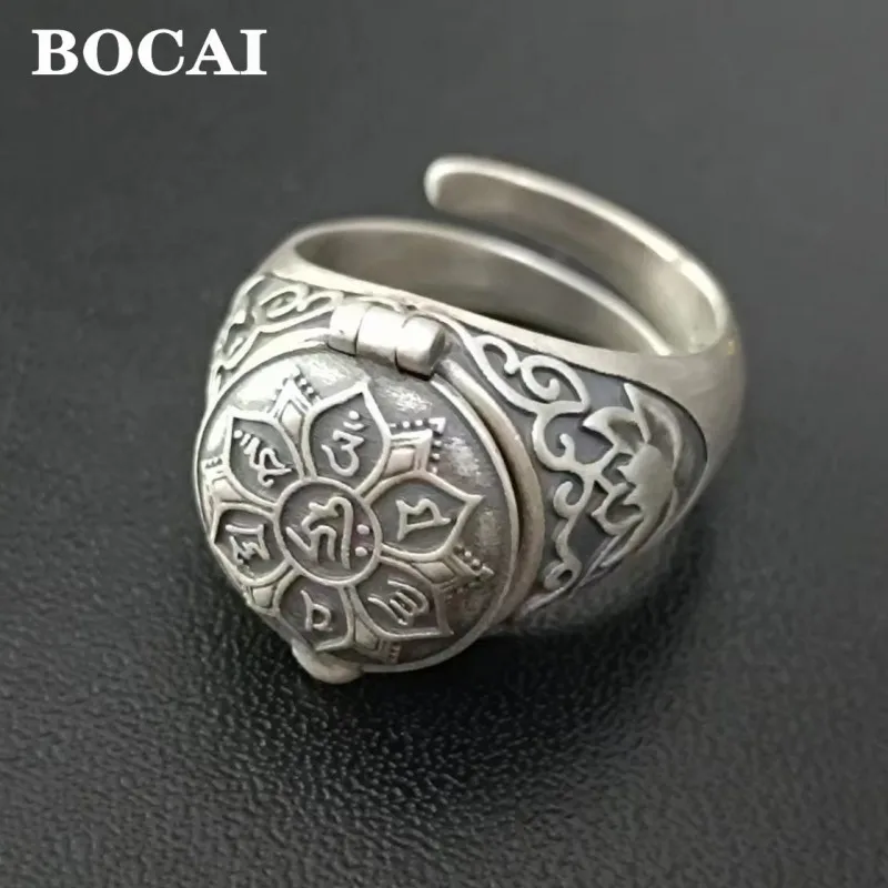 

BOCAI New Real S925 Silver Six Character Great Ming Mantra Scripture Lotus Ring for Men and Women Lucky Jewelry Wholesale