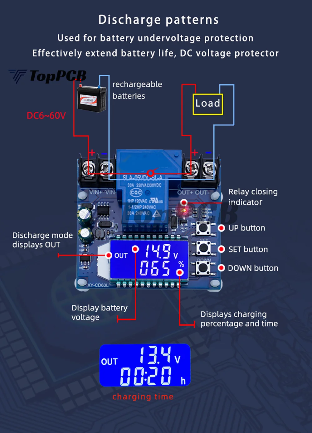 Battery Charge Discharge Controller Low Voltage Cut Off Switch Undervoltage Overvoltage Protection Voltage Percentage Display