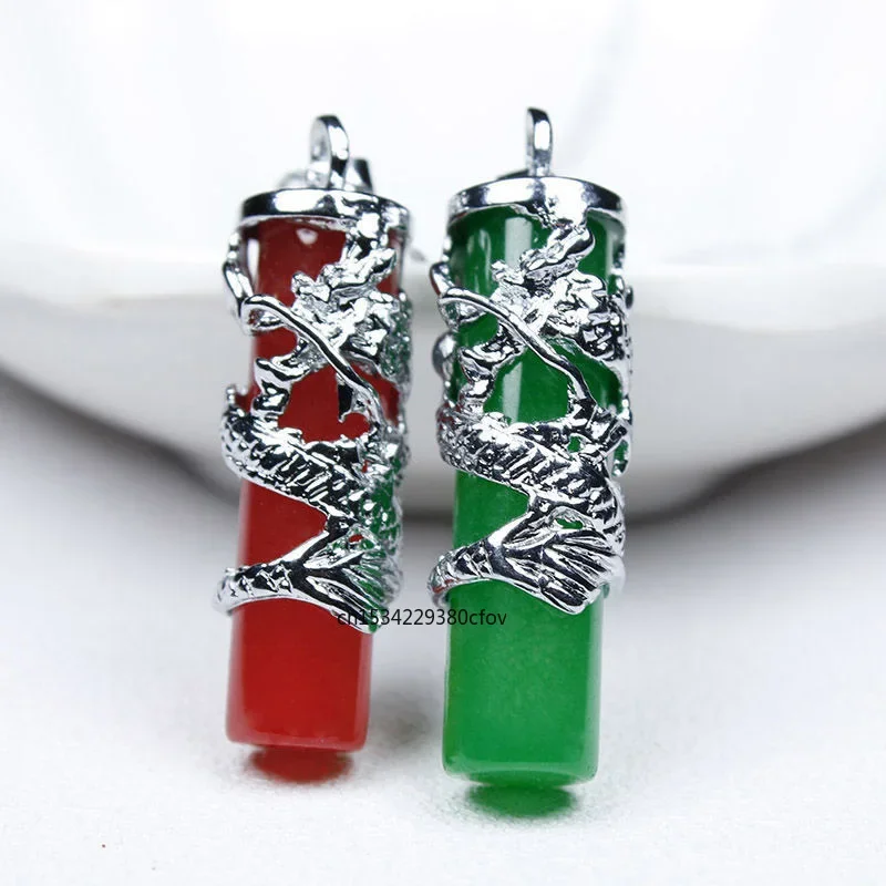 

Chinese Green Jade Dragon pillar Pendant Necklace Charm Jewellery Fashion Accessories Hand-Carved Man woman Luck Amulet Gift