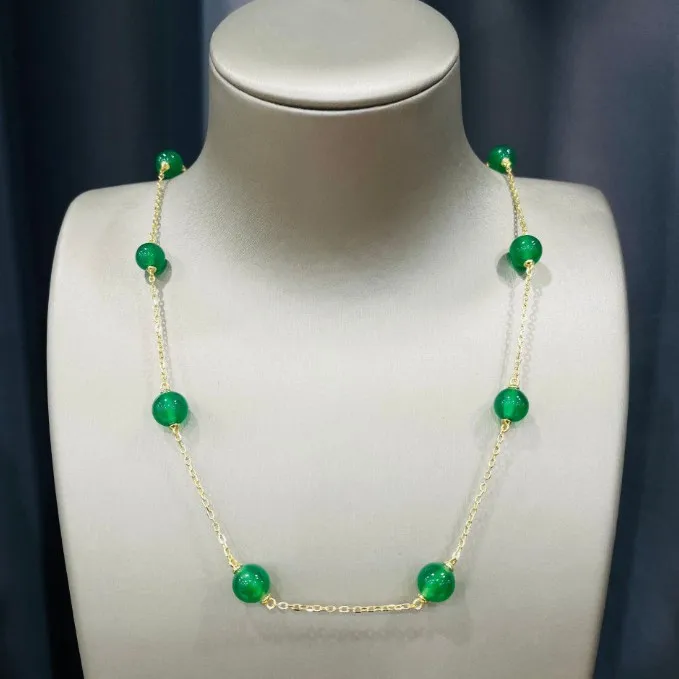 New S925 Green Chalcedony 8mm Bead Necklace with Fashionable and Luxurious Temperament, Daily Necklace 37-45 Wedding Jewelry
