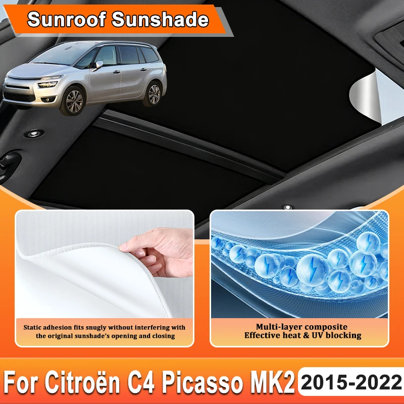 Для Citroen C4 Picasso II 2015~2022: Аксессуары, солнцезащитный козырек на люк автомобиля, электростатический, с адсорбционным креплением, накладки на крышу, солнцезащитные шторки, визоры, чехлы