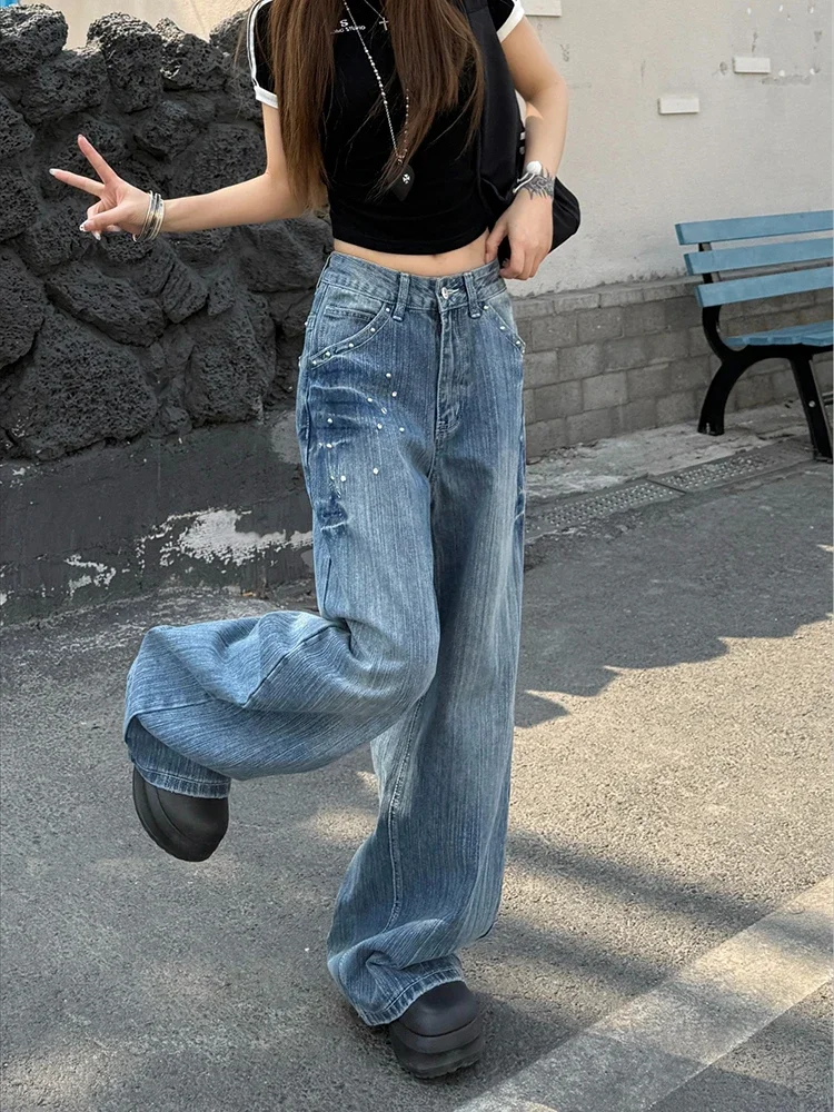 

Женские джинсы с заниженной талией Design sense Rivet Washed Lightning летом 2023 года, новые свободные и узкие широкие длинные брюки