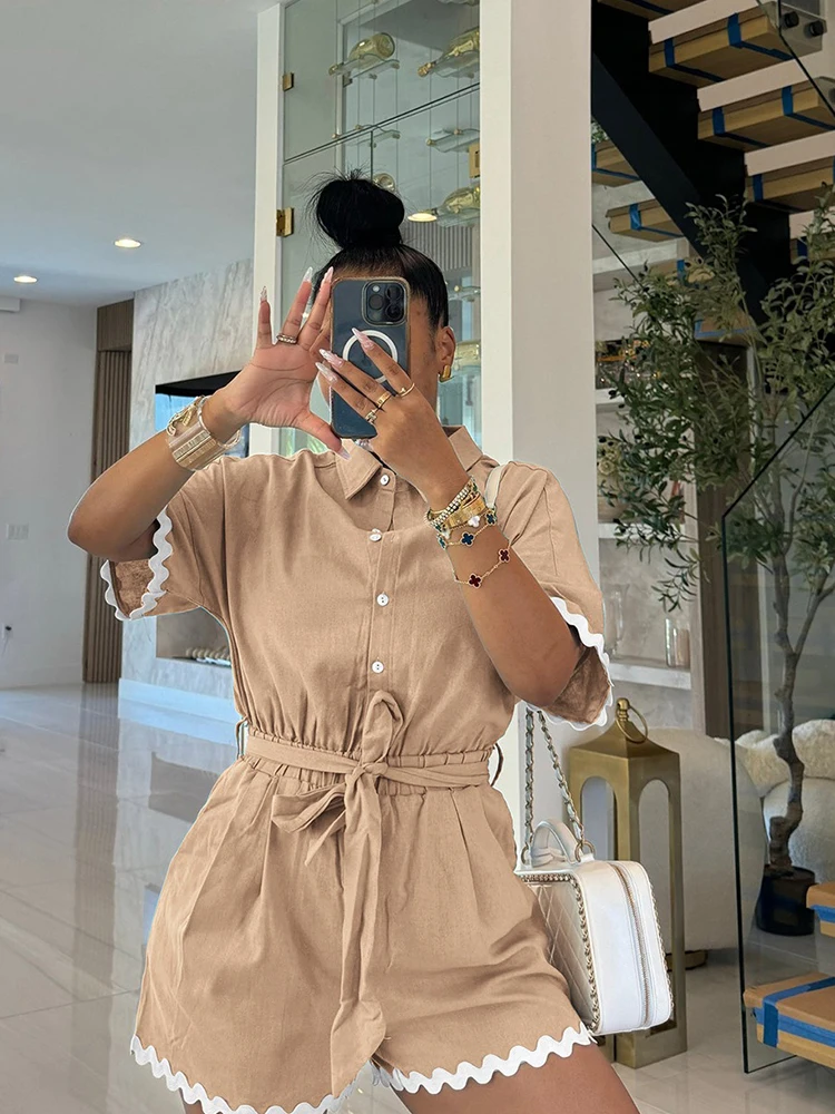 Sport jumpsuit met shorts vrouw zomer eendelige kleding korte mouwen linnen overalls jumpsuit vetersluiting taille afslankende jumpsuit