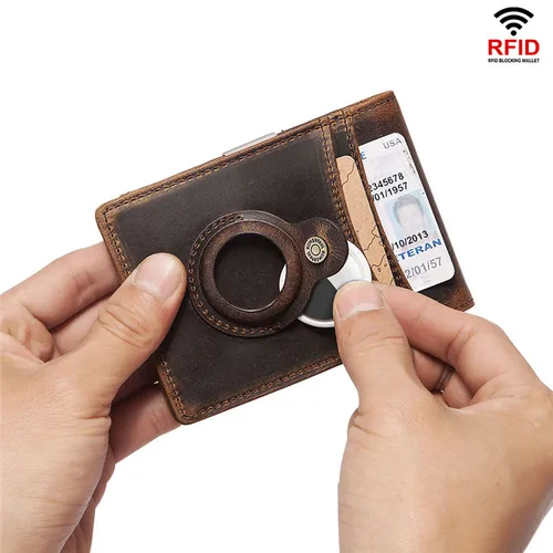 Imagen 2 del producto YKOSM Retro de lujo de cuero genuino Airtags cartera RFID bloqueo ID tarjeta de crédito bolsa de negocios hombres efectivo Clip Anti-pérdida tarjetero