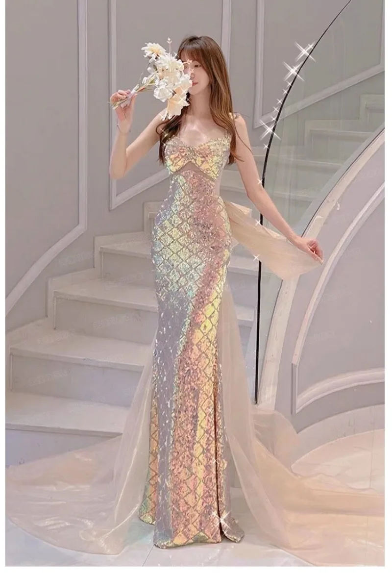 Women Shiny Evening Party Prom Gowns Detachable Bow Back Mermaid Prom Dress Glitter Sequin Sparkle Sweetheart Wedding Dresses