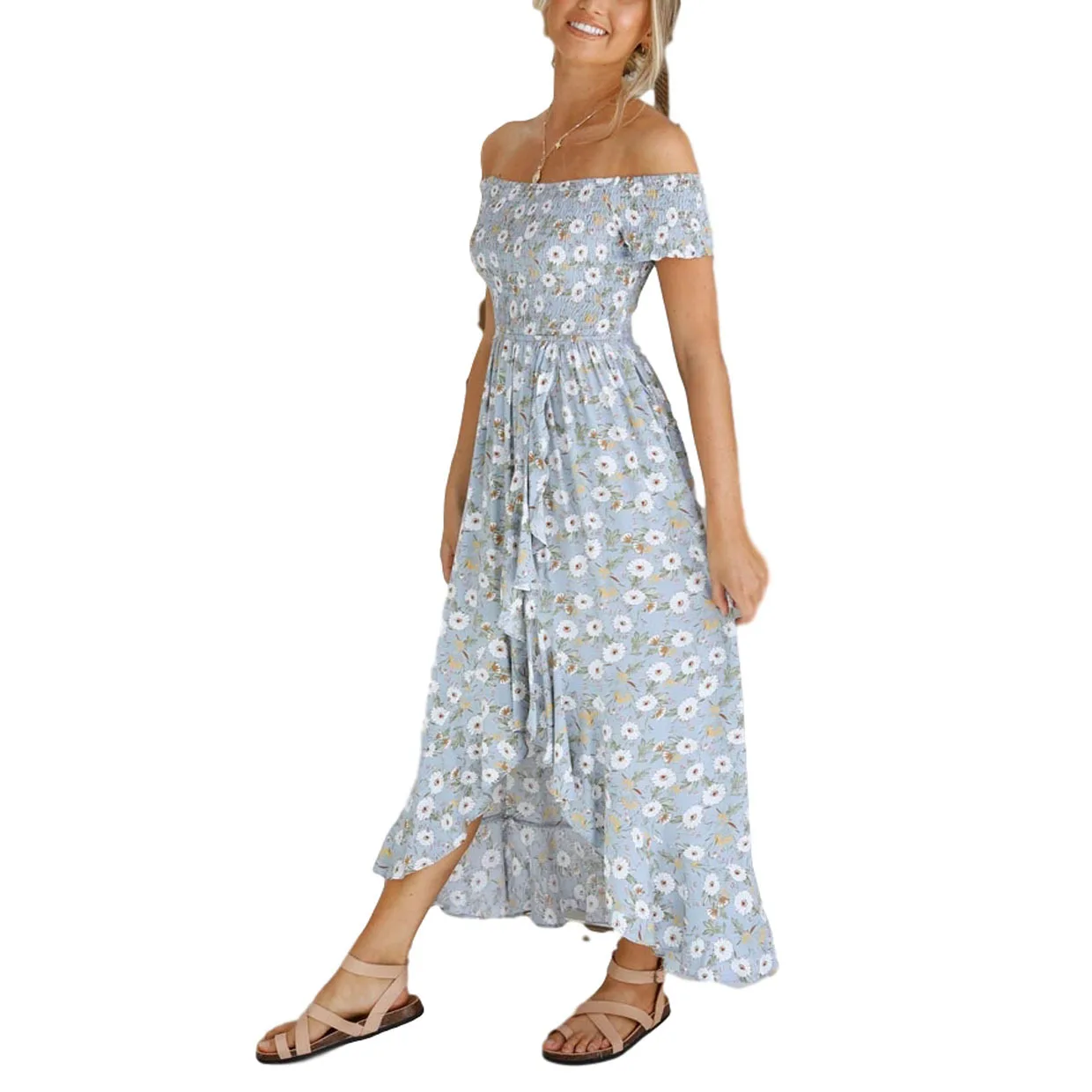 2025 primavera/verão novo produto fresco e doce floral estampado babado borda vestido de comprimento médio 1386