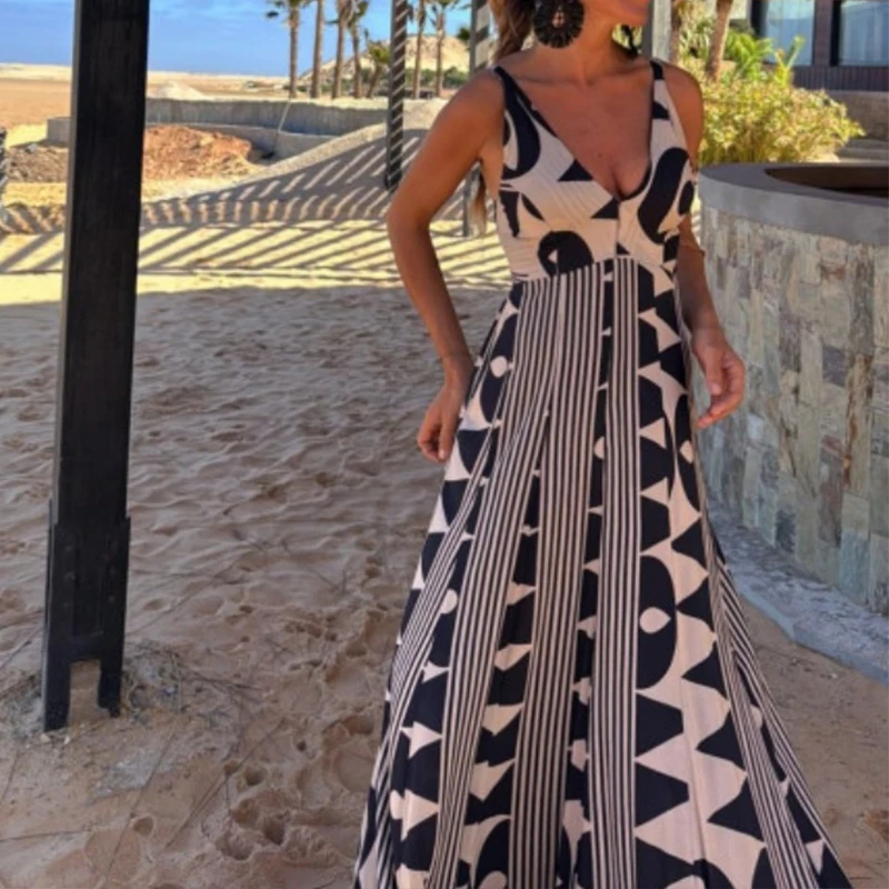 BKLD Vintage Print V Neck Sleeveless Backless High Waist Vacation Fancy Boho Maxi Strap Dress 2025 Summer Seaside Big Swing Robe