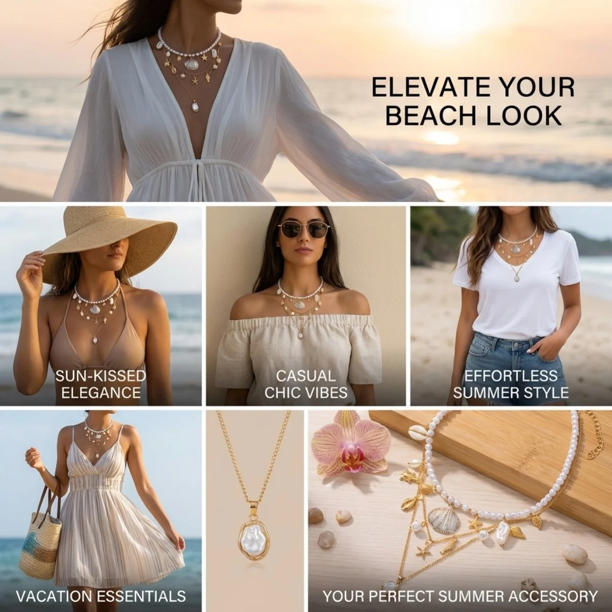 Barocke Halskette mit unregelmäßigen Imitationsperlen, Muscheln, Seesternen, Schnecken und Fischen für Damen und Herren, Bohemian Ocean Beach Schmuck – Detail 3