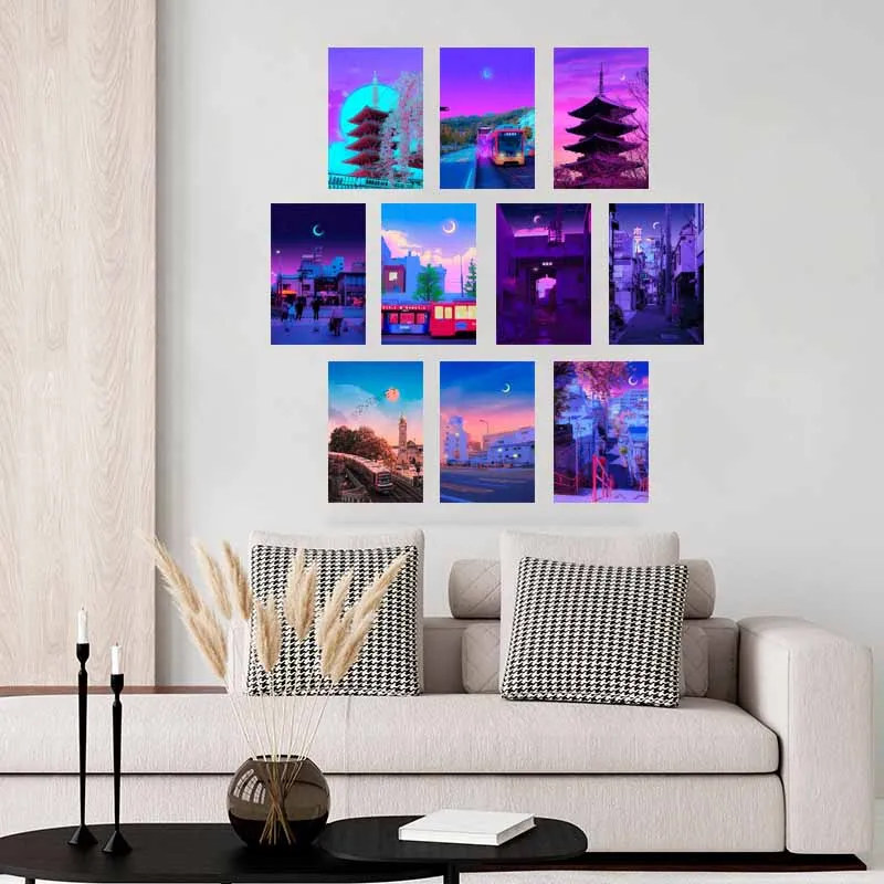 10/30PCS Purple Wall Collage Kit 80s Neon City Night Street Poster Aesthetics Natural Scenery Art Printing Room Decor Mural