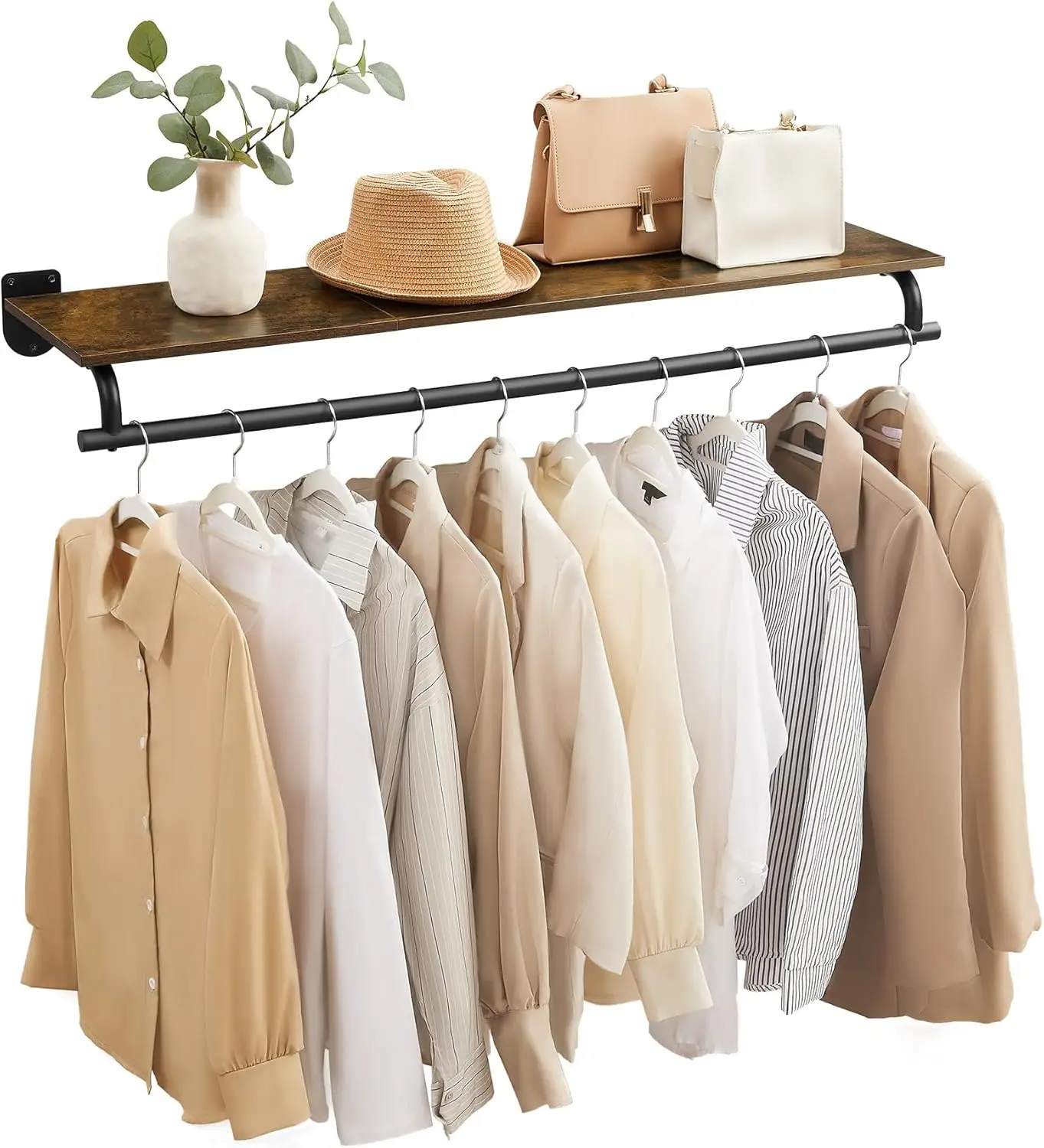 

Clothes Rack with Top Shelf, Wall Mounted Clothing Rack, with Hanging Rod, Loads up to 77 lb, 11 x 42.9 x 5.2 Inches, Entrywa