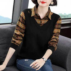 Abbigliamento donna 2023 Vintage Classic Plaid Patchwork falso due camicia autunno moda manica lunga camicetta donna Casual sciolto top