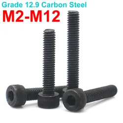 2-50pcs M2 M2.5 M3 M4 M5 M6 M8 M10 M12 Grade 12.9 Carbon Full Thread Steel Hex Socket Allen Head Bolts Cylinder Cup Point Screws