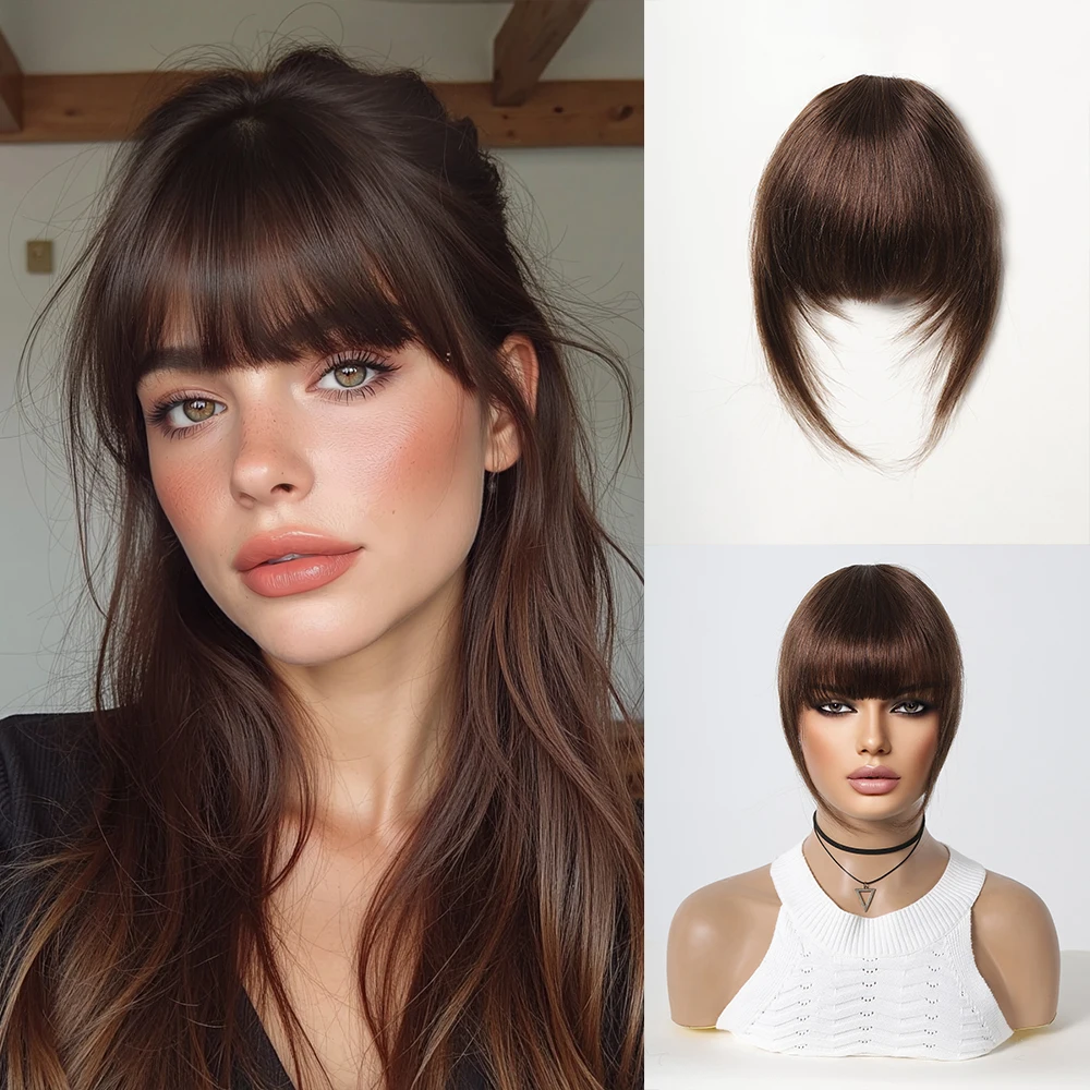 

Заколка в челке, 100% челка из человеческих волос, французская темно-коричневая челка для волос с зажимами на бахроме, шиньоны для женщин, повседневная одежда