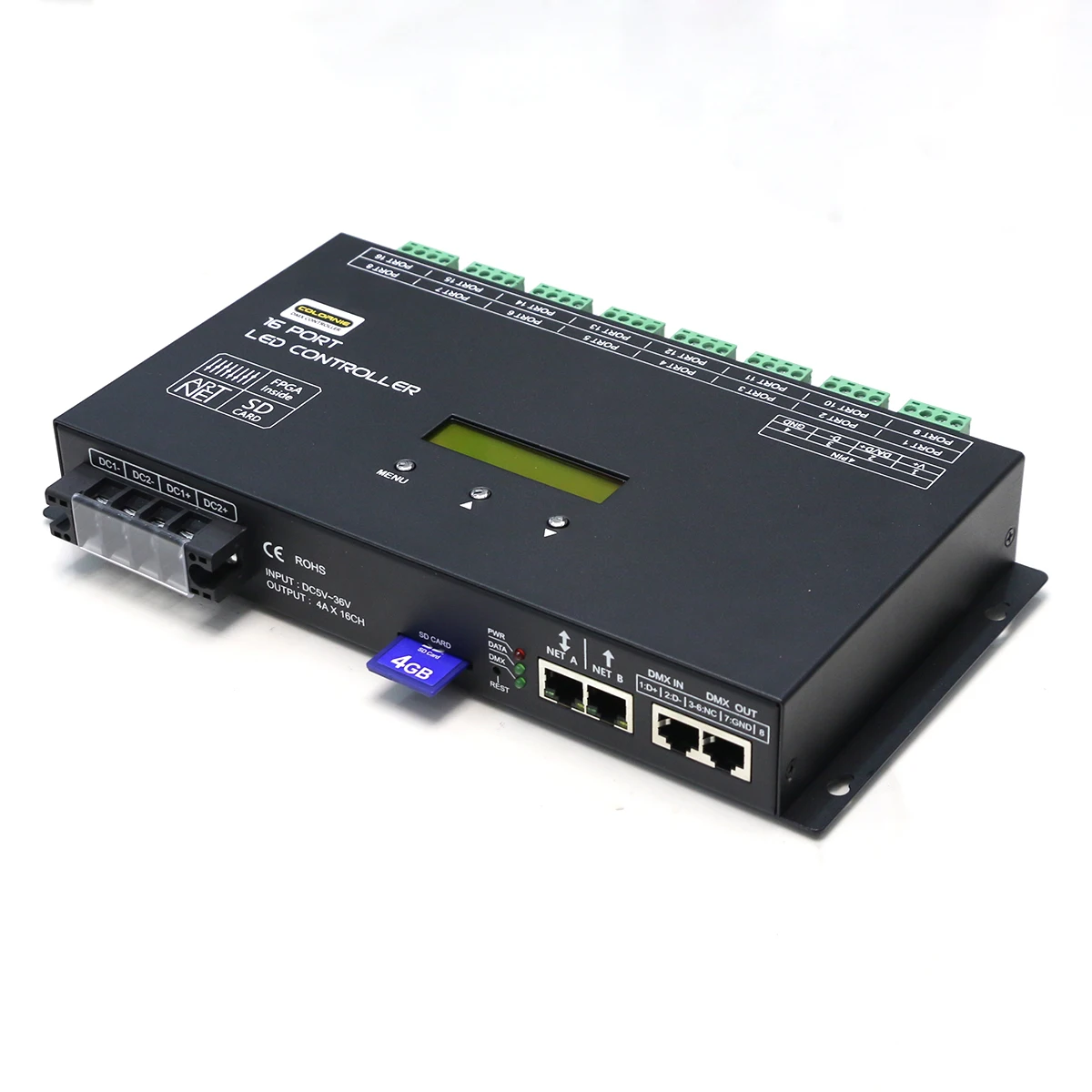 DC5V-36V 16port Artnet Eternet to SPI/DMX512 Led Pixel Light Controller Output 16320 Pixel For WS2811 WS2812 WS2815 DMX512 Lamp