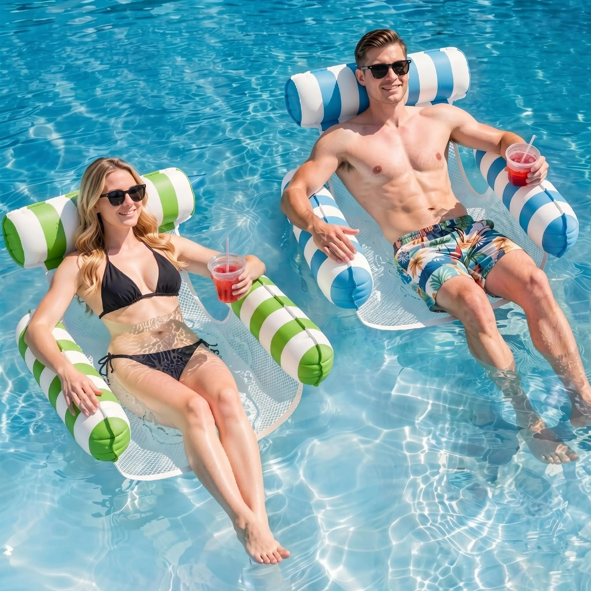 2PCS Portable Water Inflatable Lounge Chair Summer Pool Hammock Floating Chair for Beach Pool Party Floating Swimming Chairs