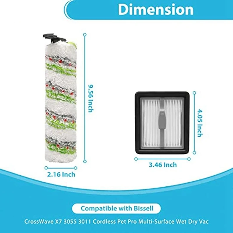 Brush Roller Filter Kit For Bissell X7 Crosswave Pet Pro 3279 3277 3011 3055 Multi-Surface All In One Wet-Dry Vacuum