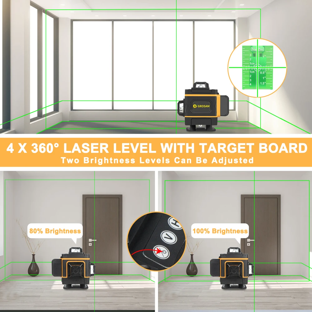 GROSAM 16 Lines 4D Green Laser Levels 360 Horizontal And Vertical Cross Lines With Auto Self-Leveling Indoors And Outdoors