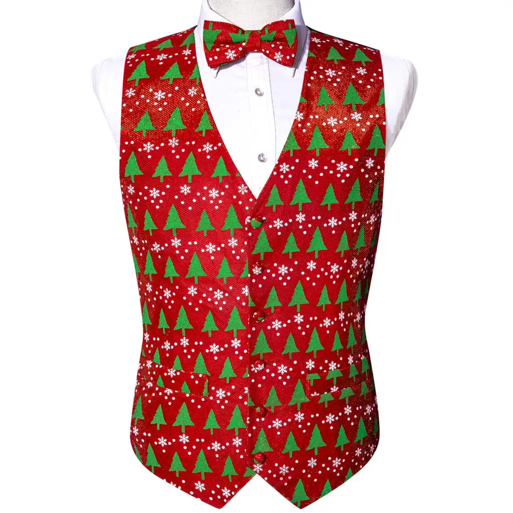 

Designer Vest for Men Silk Red Green White Snowflake Christmas Trees Grow Ornament Waistcoat Tie Bowtie Set Party Barry Wang