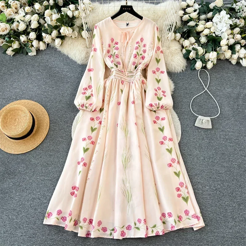 Ladies Elegant Floral Party Dress Tie Front Pleated Waist A-line Long Lantern Sleeves Beach Holiday Dresses Fashion Long Dresses