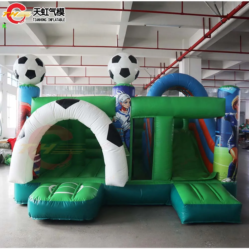 Buttafuori gonfiabili a tema calcio per bambini Divertimento all'aria aperta con ventilatore Casa da salto gonfiabile commerciale con castello gonfiabile