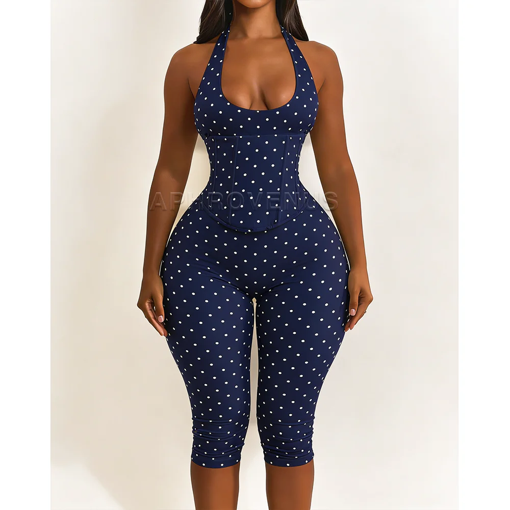 White Black Polka Dot Halter Neck Corset Jumpsuit Lace Up Backless Bodycon Capri Romper High Waist Shapewear Outfits For Party image 3