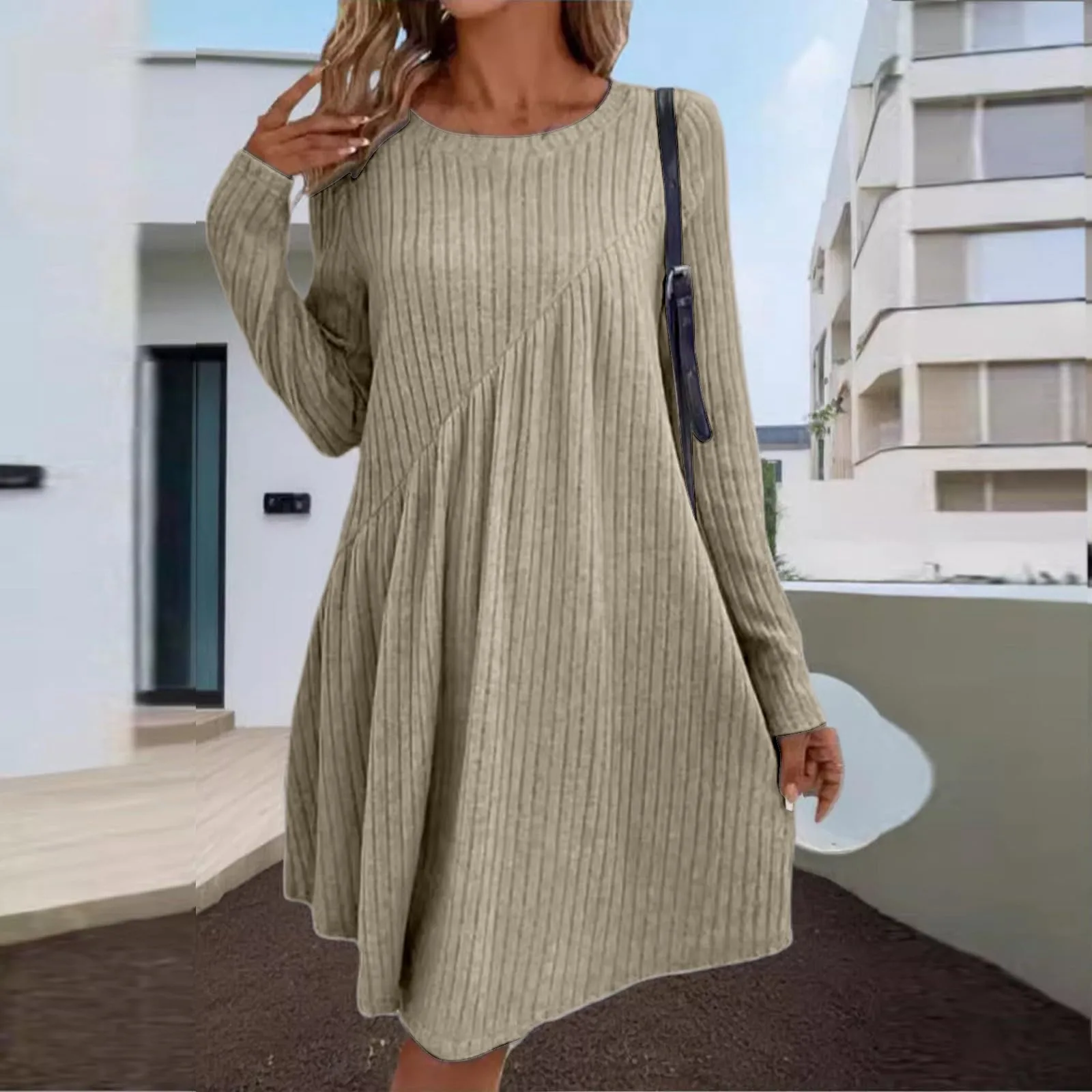 2025 Women's Spring Dress Solid Color Casual Irregular Brushed Stripe Dress Knee Length Dresses Ribbed Knitted Short Dress Solid