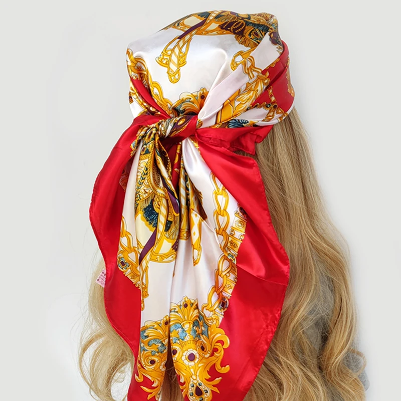 Women Silk Scarf Euro Green Square Head Scarves Wraps Luxury Brand Quality Female Foulard Satin Shawls and Wraps 90*90