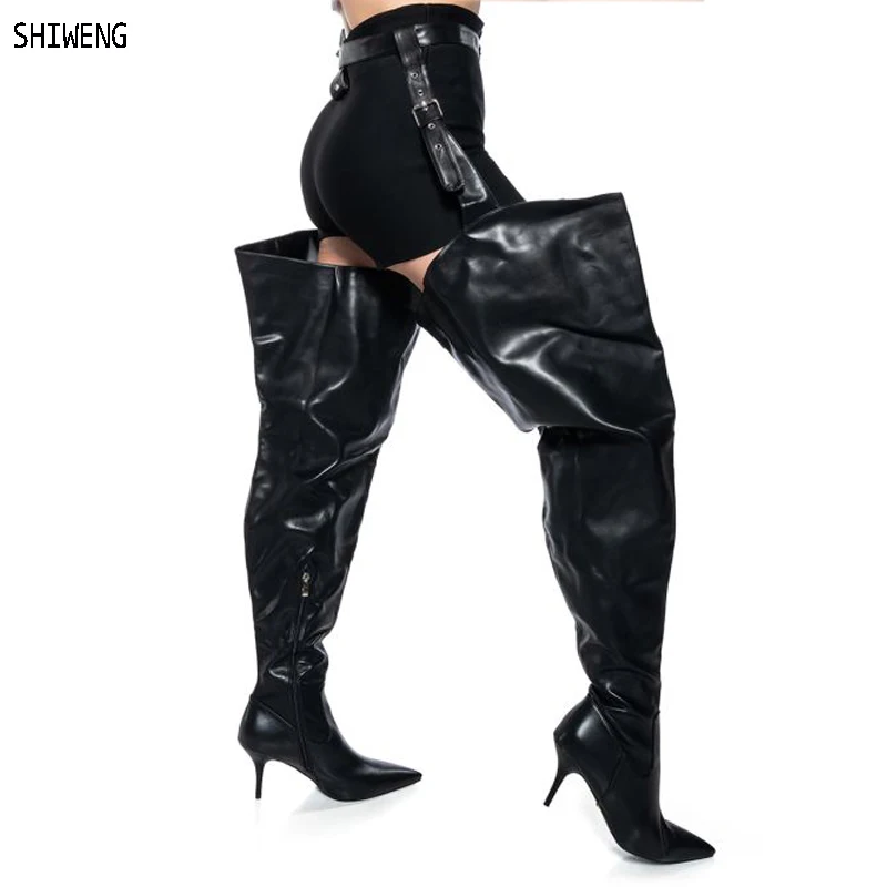 Fashion Black Thigh High Boots Women\'s Sexy Over The Knee Leather Belt Buckles Boots Women Shoes New Autumn Stiletto Heel Boots