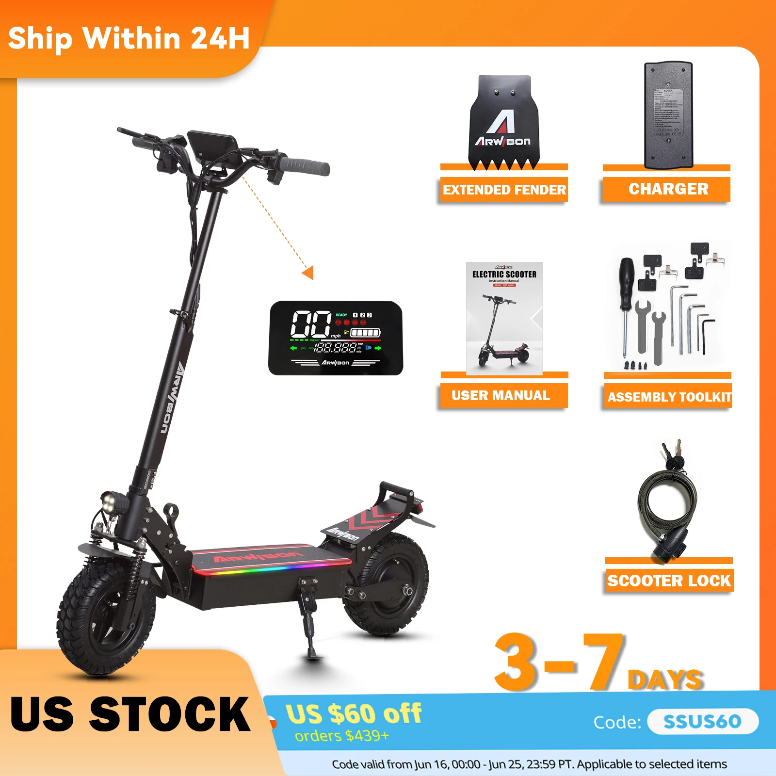 Arwibon Q30 Adult Electric Scooter 2500W Motor Top Speed 30MPH, 48V16AH, 11 Inch Off-Road Tires Sport Commuter Folding EScooter