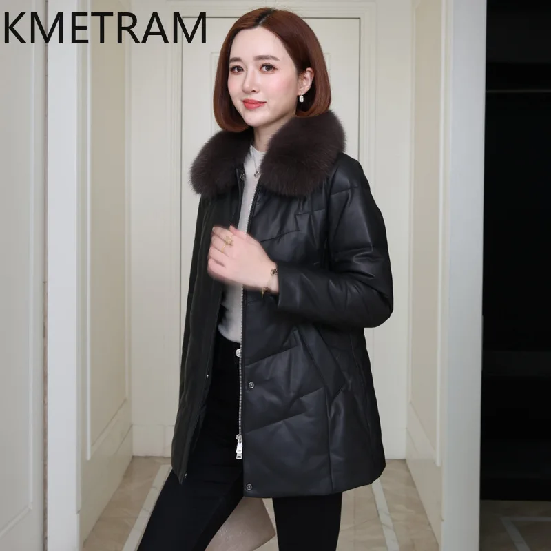 White Goose Down Puffer Jacket Women 100% Sheepskin Black Down Coats Fox Fur Collar 2025 Winter Woman Clothing Пуховик Женский