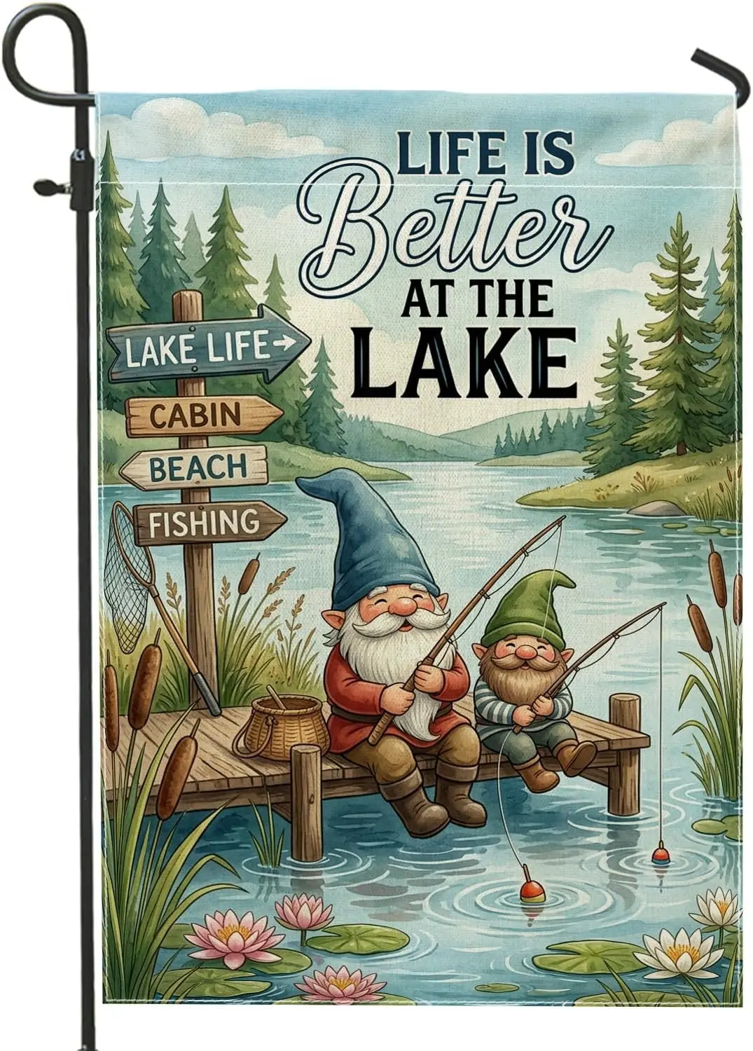 Gnome Garden Flag, Summer Nature Lake Fishing Summer Green Double Sided Burlap Small Garden Yard Flag for Outdoor Front Porc uui