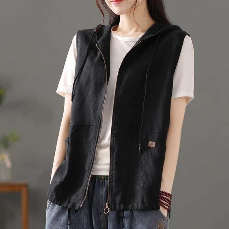 

Hooded Vests Women Sleeveless Vintage Summer Loose Design All-match Mature Female Simple Casual Outwear Korean Style Daily Cargo