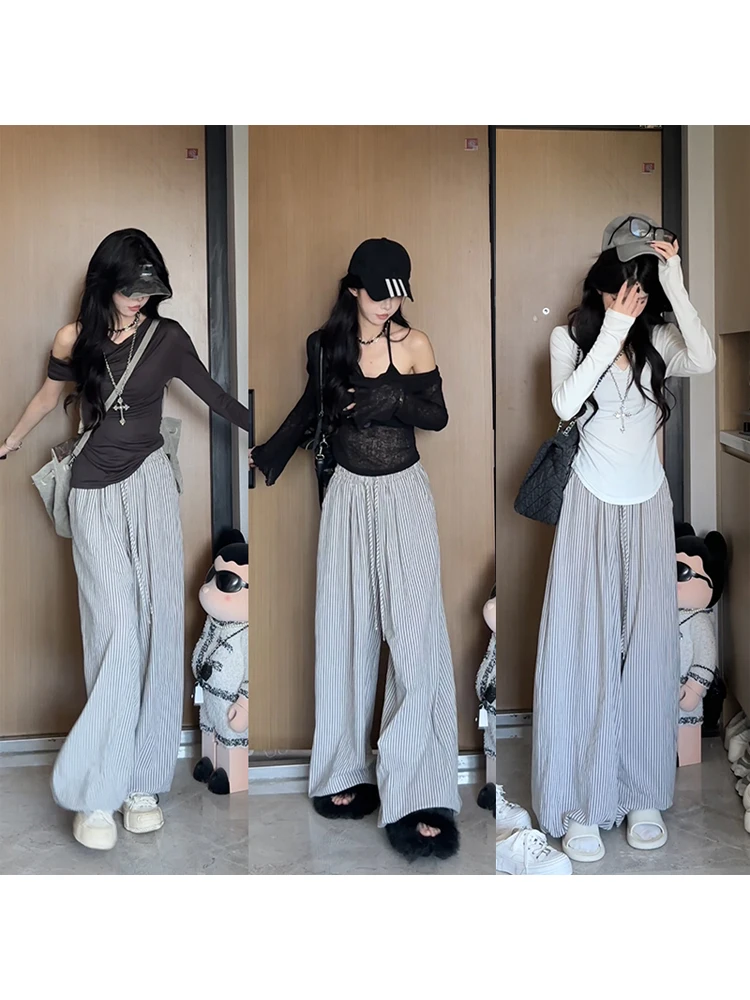 

Casual Striped Wide Leg Pants Elastic Waist Dstring Cuffed Autumn Sle Faion ow Loose Fit Ladies Cotton Straight Cut
